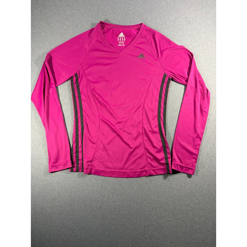 Adidas Womens Long Sleeve V-Neck Performance Shirt Pink Black Stripes Size M